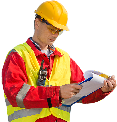 Man in worked equipment holding a clipboard